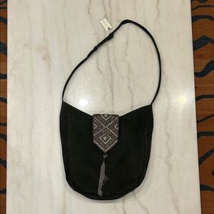 Anthropologie Dark Green Suede Shoulder Bag with Embellished Flap